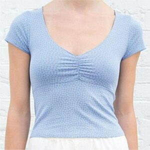 Brandy Melville Blue Fitted Ruched Cap Sleeve Blouse